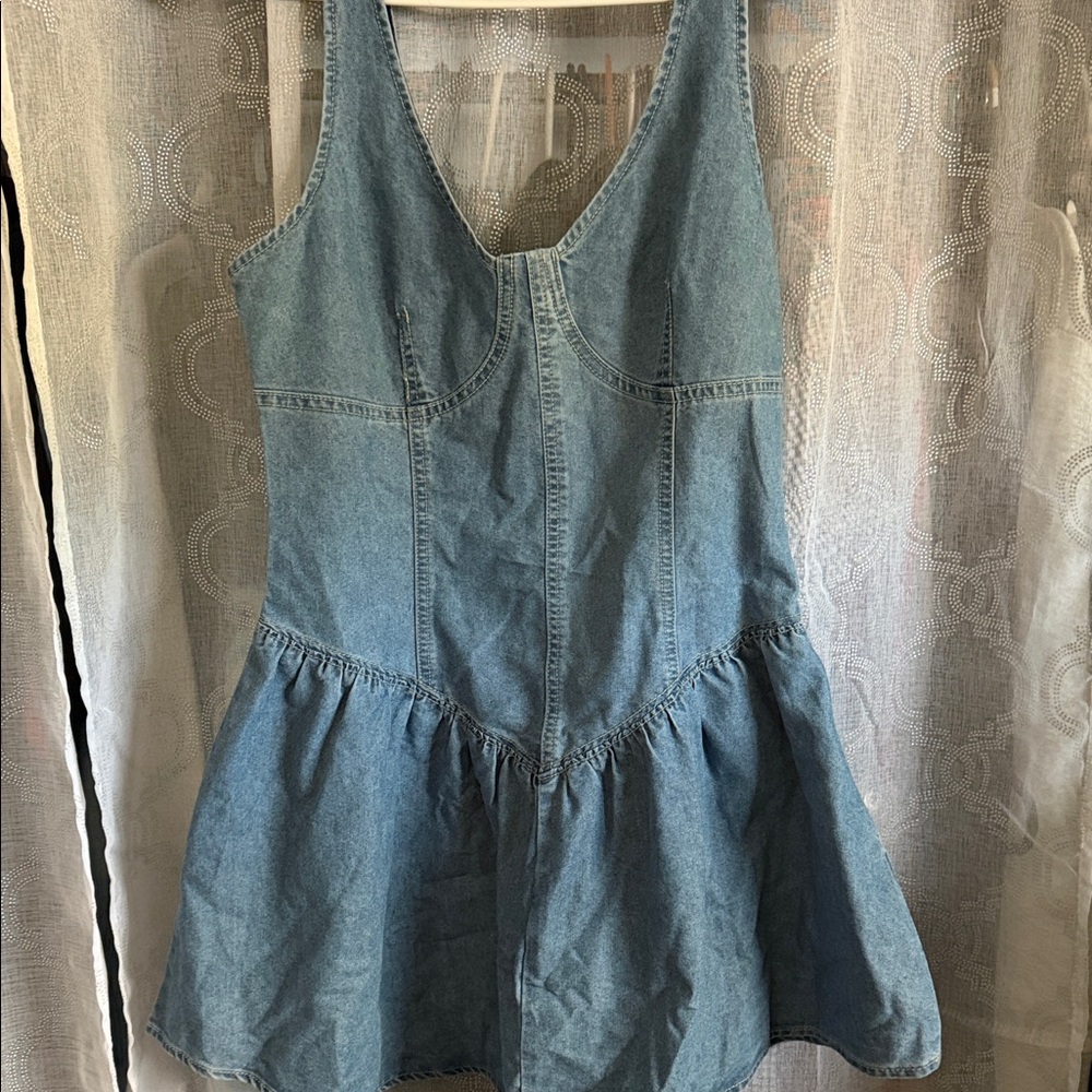 Denim Blue Mini Dress - Sleeveless V-Neck Ruffle Hem